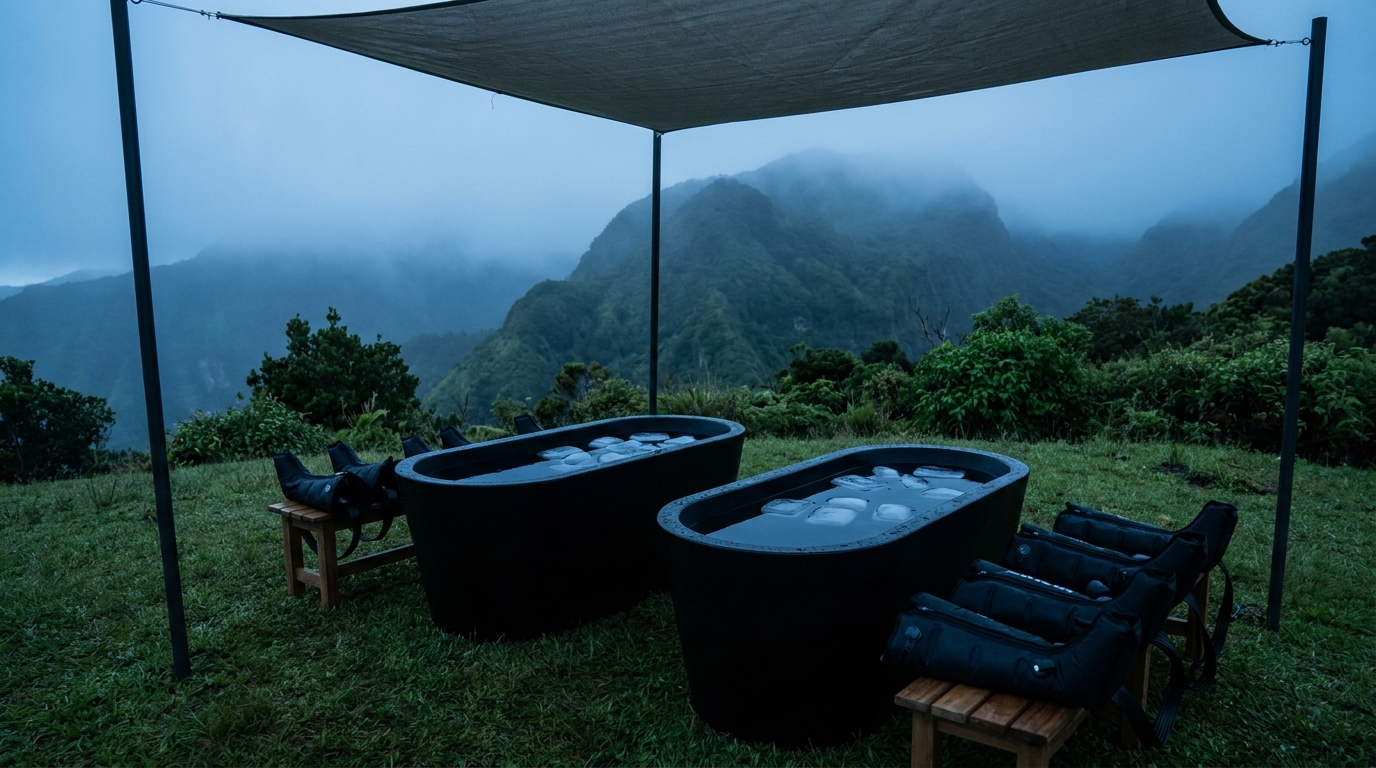 Installation nomade ICE FIT : bacs froids et bottes de compression face aux montagnes